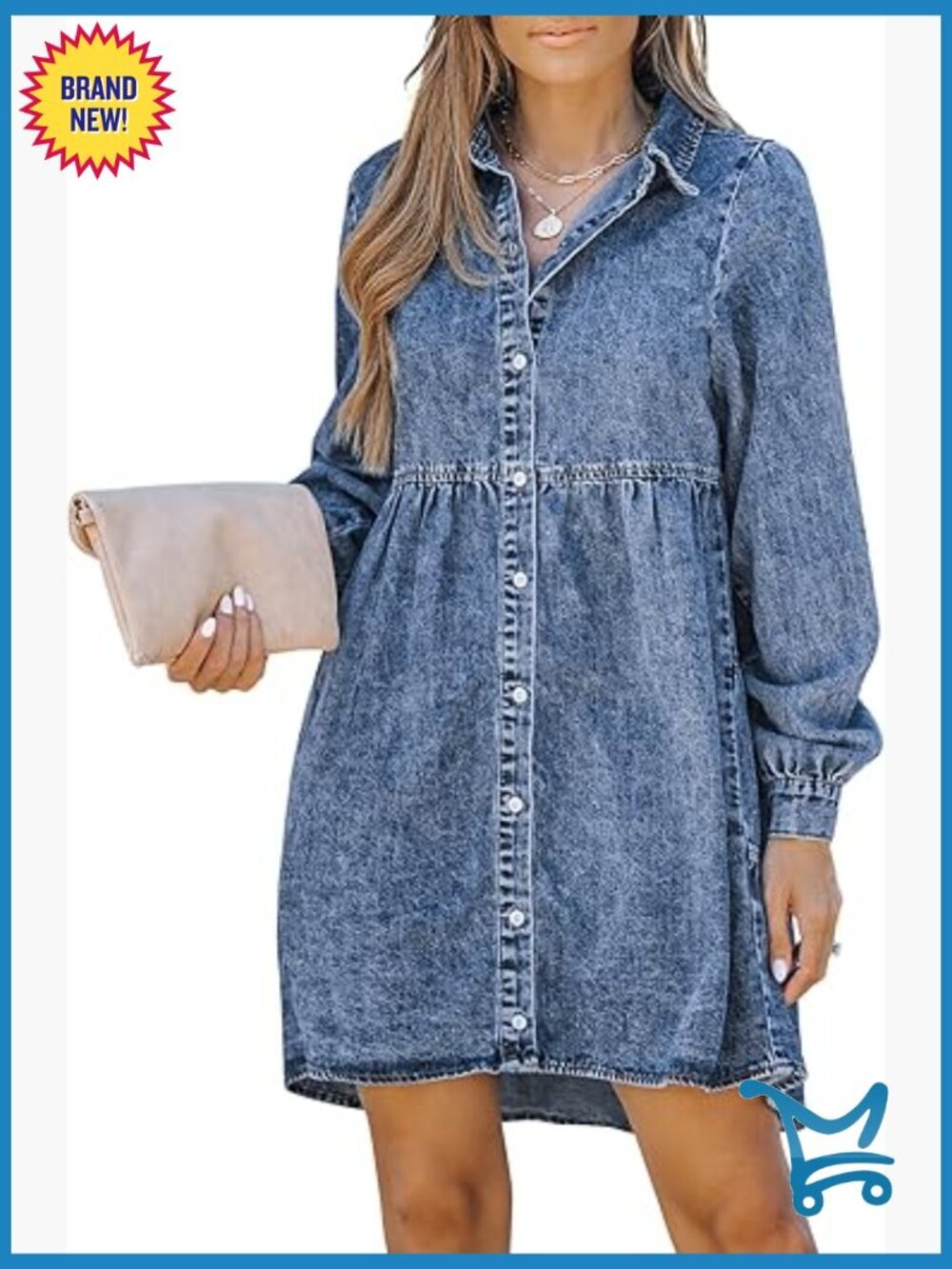 Long Sleeve Denim Dress Button Down Casual A-Line Babydoll Jean Mini Dress